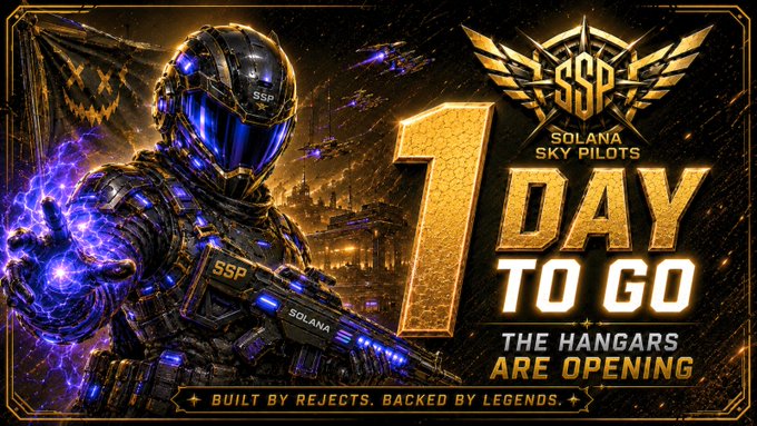 The image features a poster for a new video game called "Solana Sky Pilots" that was released by the creators of the game, Solana. The poster includes an announcement about a special edition release date for the game, which is set to be one day away. It also mentions that the hangars are opening and highlights the exclusive NFTs available for this limited edition release. The poster has a dark background with gold accents, making it stand out against other elements in the image.