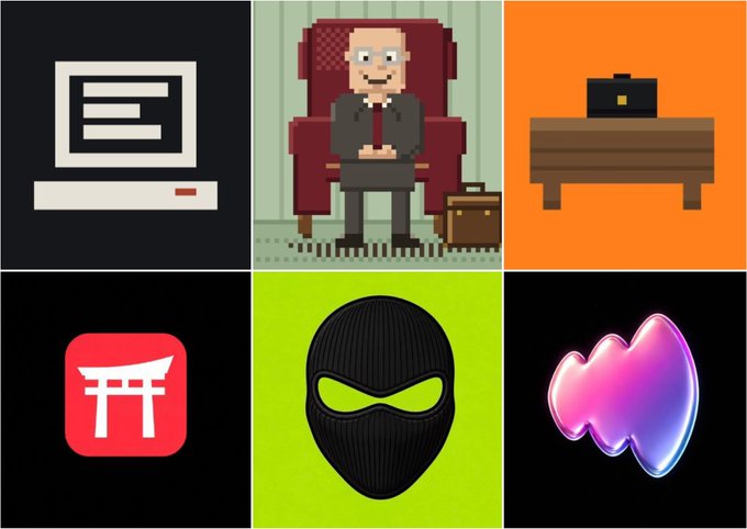 A collage of six pixel art icons: a computer/ATM, a bald man in a suit in a chair, a desk with a briefcase, a red torii gate app icon, a black balaclava ski mask on green, and a pink/purple flame-like 3D shape.