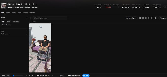 A screenshot of the 'digitalCan' NFT marketplace shows a listing for a 1 item collection featuring an image of a person in a wheelchair.