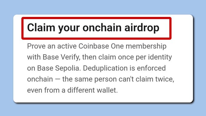 A screenshot of a Coinbase One Base Verify interface shows the heading "Claim your onchain airdrop," explaining that users must prove an active Coinbase One membership with Base Verify to claim once per identity on Base Sepolia, with onchain deduplication enforced. This aligns with the accompanying tutorial steps for completing the Base Verify onchain demo and account verification process.