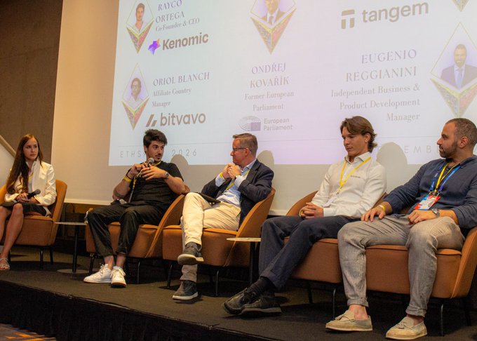 A panel discussion at ETHS 2026 featuring speakers including Raigo Ortega (Kenomic), Oriol Blanch (Bitvavo), Ondrej Kovarík (European Parliament), and Eugenio Reggianini (Tangem).