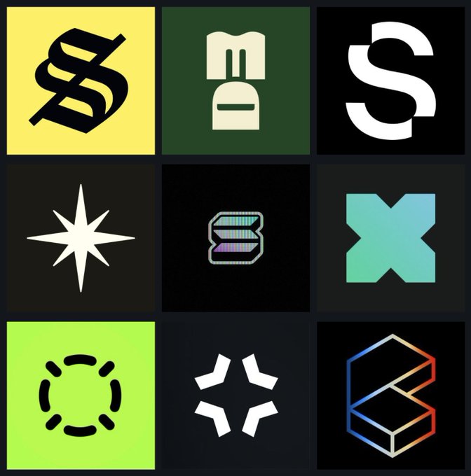 This image features a 3x3 grid of logos, visually representing the various Solana-related projects mentioned in the post. The logos for @solflare, @MonkeDAO, @solanamobile, @bulktrade, @playsolana, @xStocksFi, @CudisWellness, @NOMADZxyz, and @Collector_Crypt are all prominently displayed.