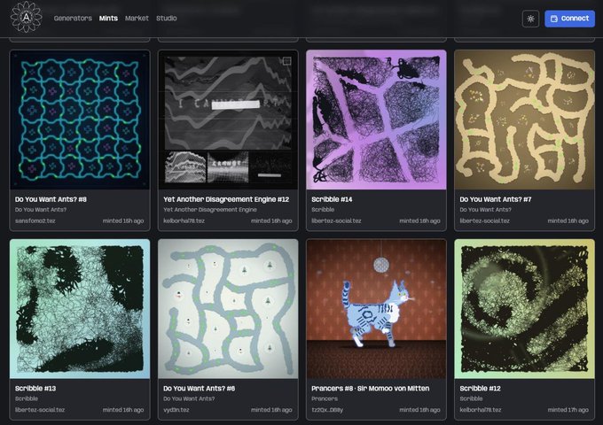 A web3 NFT marketplace gallery showing multiple token artworks including scribbles ('Scribble #14', '#13', '#12') and 'Do You Want Ants?' pieces on Tezos, plus 'Libertad #8 - Sir Momoo von Mitten' and a 'Disagreement Engine' on Bitcoin.