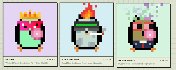 Three pixel art NFT-style illustrations of birds with various accessories like crowns, visors, and suits, labeled 'CROWN', 'HEAD ON FIRE', and 'BRAIN BLAST' with rarity stats.