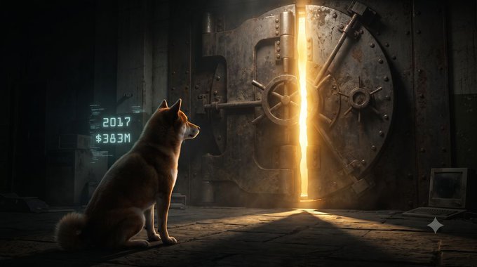 An AI-generated image of a Shiba Inu dog sitting in front of a massive glowing vault door with a digital display showing '2017' and '$3.63M'.