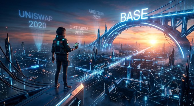 A futuristic sci-fi cityscape at sunset showing a person looking out over a neon-lit metropolis with holographic labels marking blockchain protocols including "UNISWAP 2020," "OPTIMISM 2022," "ARBITRUM 2023," and "BASE."