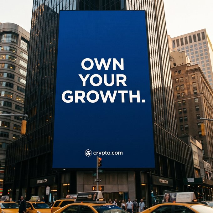 A massive blue Crypto.com billboard in a busy urban setting displays the bold message "OWN YOUR GROWTH," tying into the post's Fourth of July theme of independence and ownership. Yellow taxis and city skyscrapers frame the digital advertisement, reinforcing the idea of financial autonomy on a day celebrating freedom.