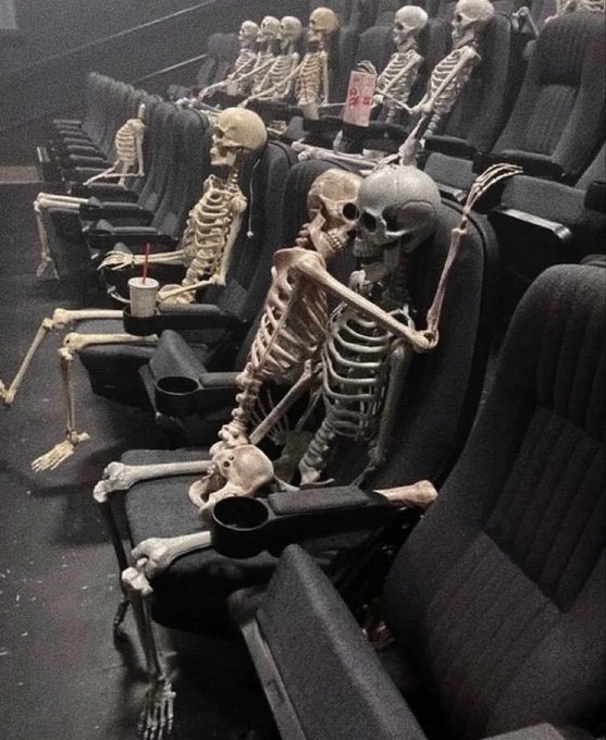 A row of plastic skeletons posed in theater seats, with one holding a cup of soda and appearing to kiss another skeleton.