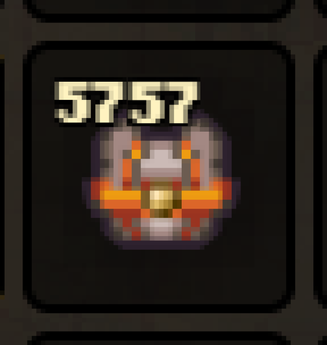 A pixel art image of a card with a dark gray border, displaying a spherical object resembling a pumpkin or creature with orange bands and a central eye, below the number '5757'.