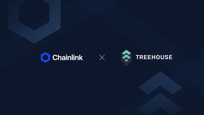 A partnership announcement graphic on a dark blue background featuring the Chainlink logo next to a multiplication symbol and the TREEHOUSE logo.