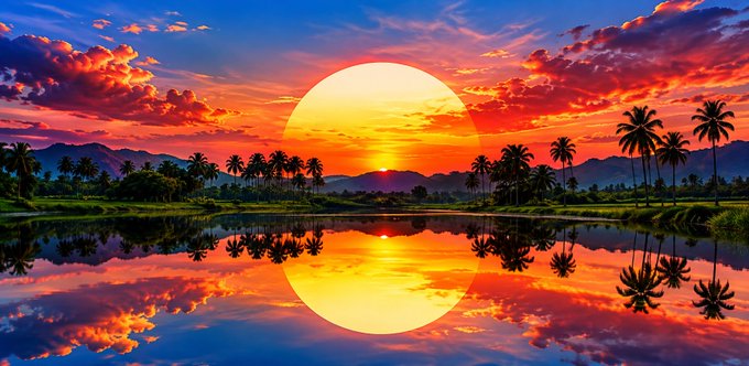 A picturesque tropical sunset scene with a large golden sun setting behind silhouetted palm trees and mountains, perfectly reflected in still water below a colorful orange and pink sky.