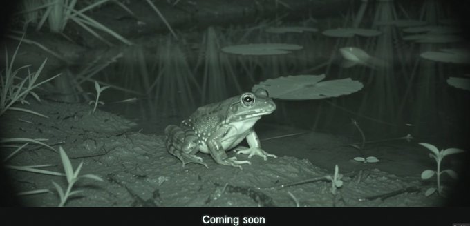 A night-vision shot shows a frog sitting on a log near water with "Coming soon" text at the bottom, teasing the upcoming launch of $FRONG, a new meme token on Robinhood Chain whose name comes from this very frog video called frong.mp4 shared via Uniswap's pools.trade launchpad.