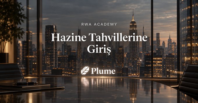 A promotional graphic for 'RWA ACADEMY' titled 'Hazine Tahvillerine Giriş' featuring the Plume logo, set against a city skyline at dusk.
