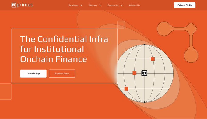 An orange Primus webpage displays the headline “The Confidential Infra for Institutional Onchain Finance,” with “Launch App” and “Explore Docs” buttons and a globe graphic.