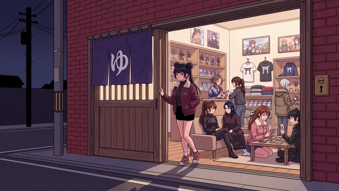 An anime-style illustration showing the exterior of a brick building with a noren curtain, opening to reveal an anime merchandise shop with figures, clothing, and customers browsing inside.
