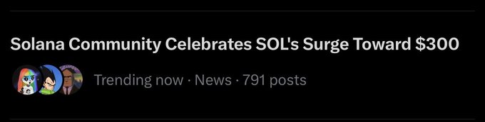 A black header graphic with white text reading 'Solana Community Celebrates SOL's Surge Toward $300' and 'Trending now · News · 791 posts'.