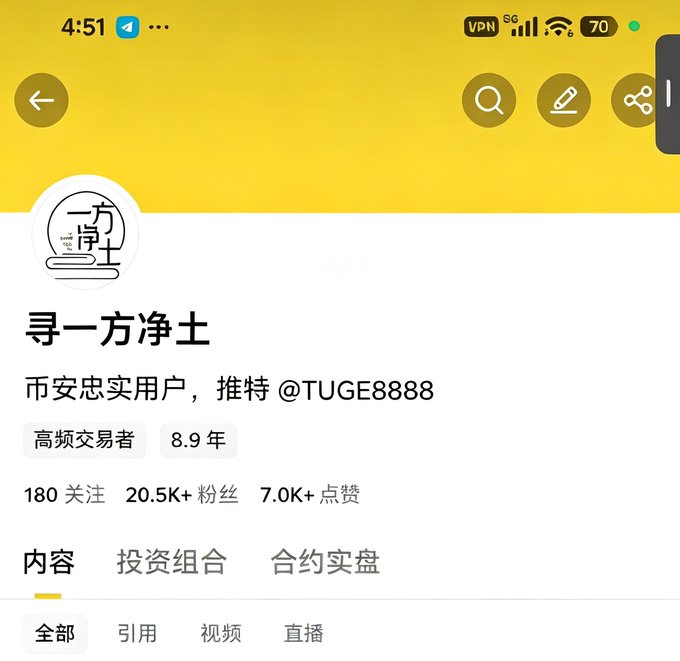 A Chinese social media profile page for '寻一方净土' (One Pure Land) with handle @TUGE8888, showing 180 following, 20.5K+ followers, and 7.0K+ likes, with menu options for content, investment portfolio, and contract trading.