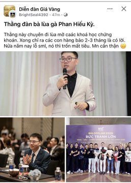 A Vietnamese Facebook post titled 'Diễn đàn Giá Vàng' featuring photos of a young man in a white suit speaking with a microphone, with captions praising his character as the younger brother of a public speaker.