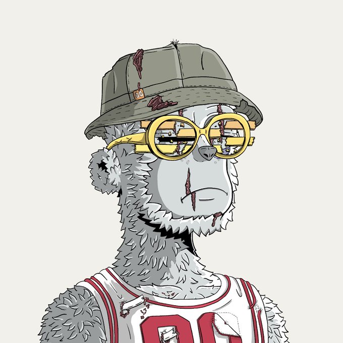 An illustrated grey, furry animal character wears a bucket hat with blood stains, yellow-tinted goggles, and a torn basketball jersey marked with the number '91'.