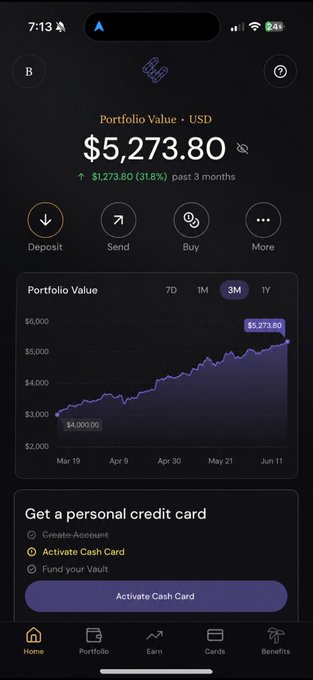 A mobile screenshot of a crypto wallet app showing a portfolio value of $5,273.80 USD, up $1,273.80 (31.8%) over the past 3 months, with a line chart displaying the value growth from $4,000.00 in March to $5,273.80 in June—illustrating the kind of portfolio performance view the user wishes @ether_fi would implement.