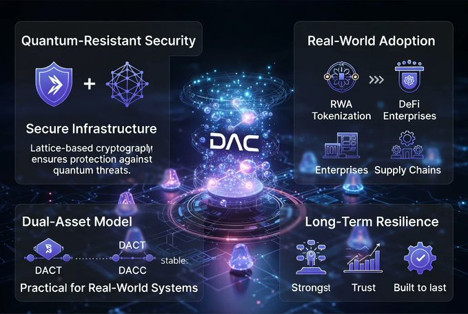 The image shows an infographic illustrating the DAC Quantum Chain and its features for Real-World Adoption. The key components of this visual representation are a purple shield symbolizing "Quantum-Resistant Security", a blue circle representing "Real-World Adoption", and the text explaining the capabilities of the DAC Quantum Chain, such as "Quantum Cryptography Ensures Protection Against Quantum Threats (DAC)". A brief summary below the image also states that the DAC Quantum Chain will help support "Long-Term Resilience" for Digital Assets.