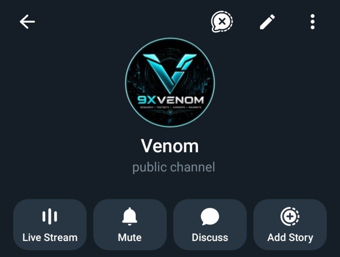 A Telegram channel page for 'Venom' (public channel) with a circular V logo, showing options for Live Stream, Mute, Discuss, and Add Story.