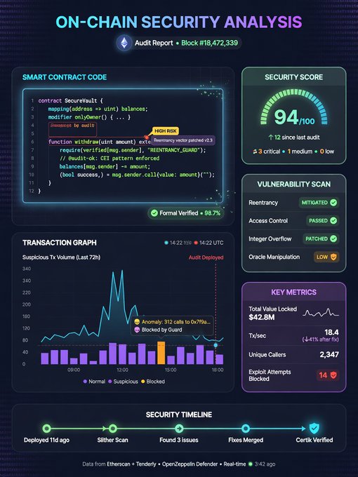 A dashboard displaying an 'ON-CHAIN SECURITY ANALYSIS' audit report (Block #18,472,339) featuring smart contract code with a HIGH RISK flag for reentrancy v2.3, a security score of 94/100, vulnerability scan results, and a transaction graph showing suspicious activity blocked by audit.