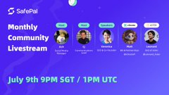 A promotional graphic for SafePal's Monthly Community Livestream scheduled for July 9th at 9 PM SGT / 1 PM UTC, featuring headshots of five speakers against a purple background, previewing the July community call that recaps the platform's June updates.