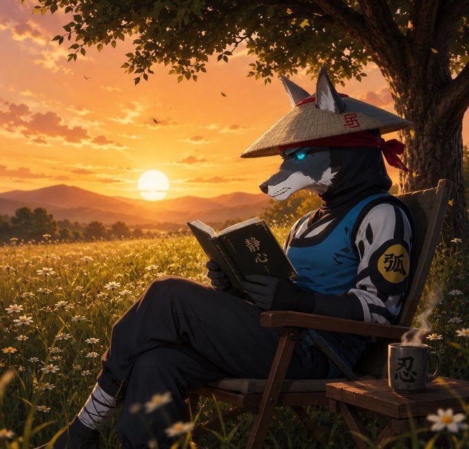 An anthropomorphic wolf character with glowing blue eyes, wearing a straw hat with a red headband, sits in a wooden chair reading a book in a meadow of daisies during a warm sunset.