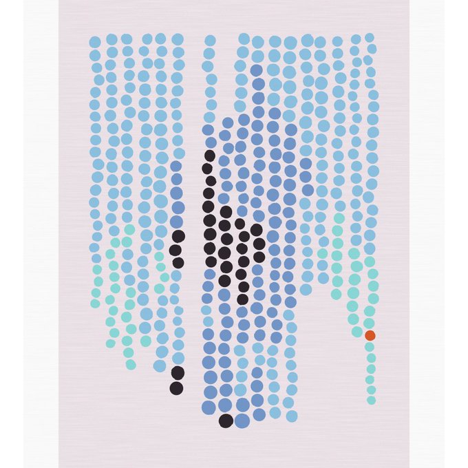 The image displays a 28x38 grid of colored dots in varying shades of blue, teal, dark grey, and a single orange dot, representing the 1,064-character pixel encoding of the "Blue Tree" photograph as edition 44 of the generative NFT series on Tezos.