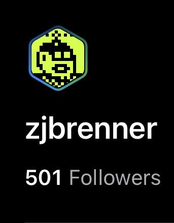 A user profile card on a black background featuring a neon green hexagonal avatar with a pixelated face, the username 'zjbrenner', and '501 Followers' displayed below.