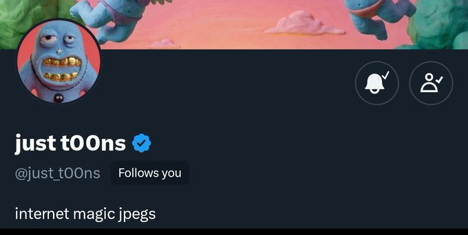 A Twitter profile for "just t00ns" (@just_t00ns), verified with a blue checkmark, displaying a quirky blue creature avatar with gold teeth and the bio "internet magic jpegs." The profile appears in the context of a post announcing the collection's mint details, including a 5,000 supply, $17 price point, and July 20th release on Ethereum.