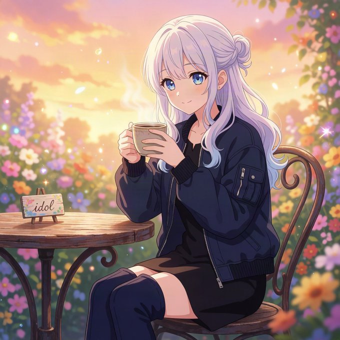 An anime-style illustration of a girl with long white hair and blue eyes, wearing a dark bomber jacket, holding a steaming cup of coffee in a vibrant flower garden at sunset; a small "idol" sign sits on the table beside her.