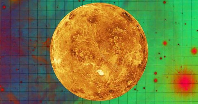 A digital illustration of the planet Venus with a fiery orange-yellow surface, set against a colorful green and blue grid background with scattered data points.
