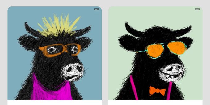 Two side-by-side artistic portraits of black bulls/cows with stylized features; the left one has yellow spiky hair and brown glasses on a blue background, while the right one wears orange sunglasses and an orange bow tie on a green background.