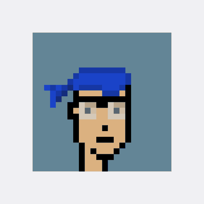 A pixelated portrait of a man wearing a blue bandana against a blue background, representing CryptoPunk #1895, which was recently acquired for Ξ33.4 ($59,533) by collector 0xb1c9…b0ed on punks.auction.