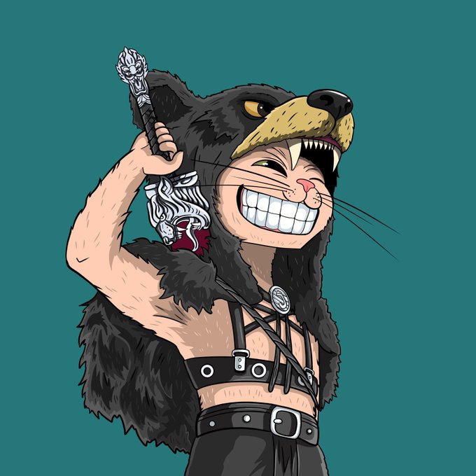 A cartoon illustration of a grinning cat wearing a black bear skin headdress, holding a bone-tipped staff, and dressed in leather straps against a teal background.