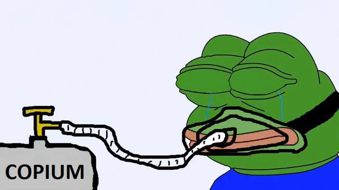 A meme featuring a crying sad Pepe the Frog holding a hose labeled 'COPIUM' that connects to a tank also labeled 'COPIUM'.