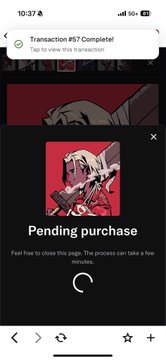A screenshot from the Magic Eden NFT marketplace on mobile, showing a "Transaction #07 Complete" notification for a digital art piece, followed by a "Pending purchase" confirmation screen for a red-toned NFT artwork. The image documents the user's transaction to reclaim the NFT after it was compromised by a hacked account.