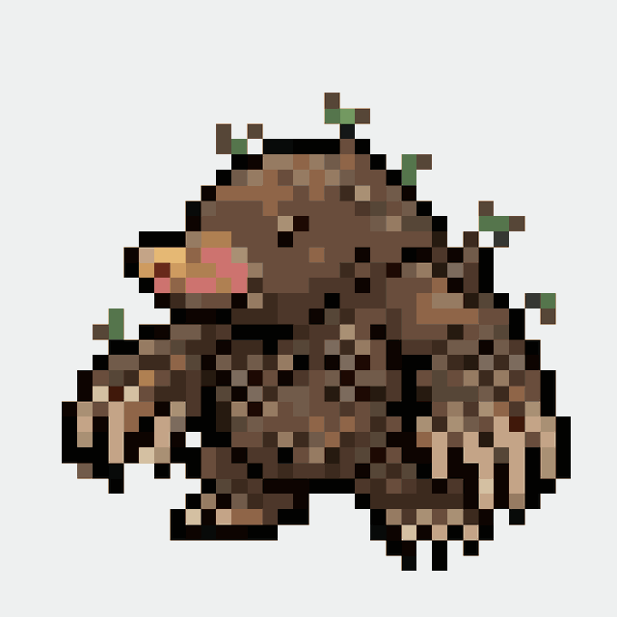 A pixel art illustration of a brown, earthy creature that appears to be a boar or mole, with small green sprouts growing from its back.