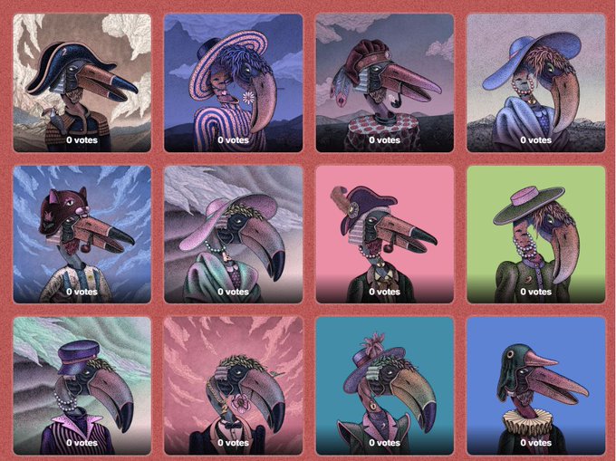 A grid of 12 artistic portraits of birds dressed in stylish hats and clothing, each labeled '0 votes'.