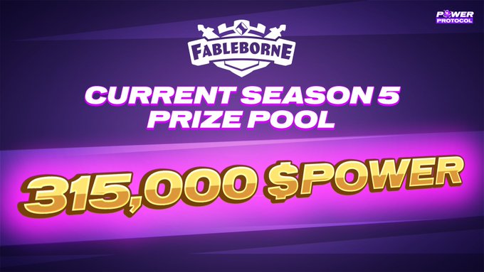 Promotional graphic for Fableborne's Current Season 5 Prize Pool showing 315,000 $POWER, with the Power Protocol logo in the top right corner.