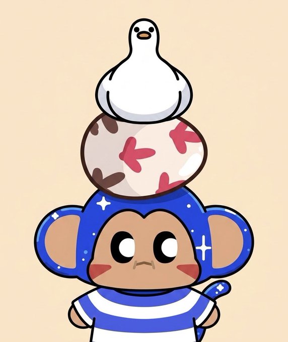 A cartoon illustration of a blue monkey character wearing a blue and white striped shirt, balancing a patterned ball with a white duck on top of its head.