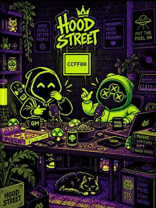 A vibrant neon green and purple pixel-art scene titled "HOOD STREET" features two hooded characters wearing skull masks broadcasting into microphones at a desk filled with pizza, mushrooms, and mugs labeled "GM" and "PIXEL HOOD," with posters reading "GOOD PIXELS BETTER PEOPLE," "MUSHROOMS IDEAS MUSIC FREEDOM," and "PUT THE PIXEL ON," plus a central sign displaying "CCFF00"—capturing the chill, crypto-community vibe of the Hood Street universe.