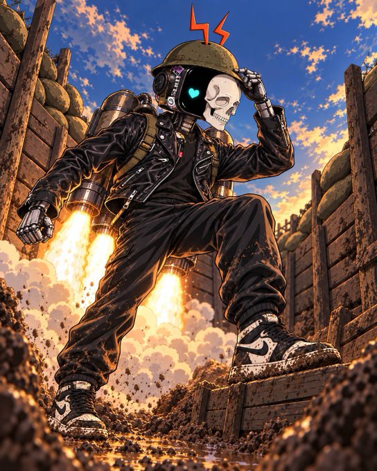 A vibrant comic-style illustration of a skeletal cyborg soldier wearing a helmet and jetpack, standing in a trench amidst fiery explosions under a sunset sky.