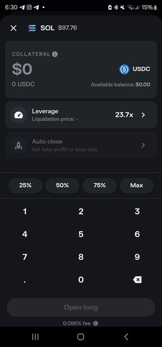 Mobile trading app screen for SOL (Solana) at $97.76, showing a long position interface with 23.7x leverage, USDC collateral, and a numeric keypad for input.