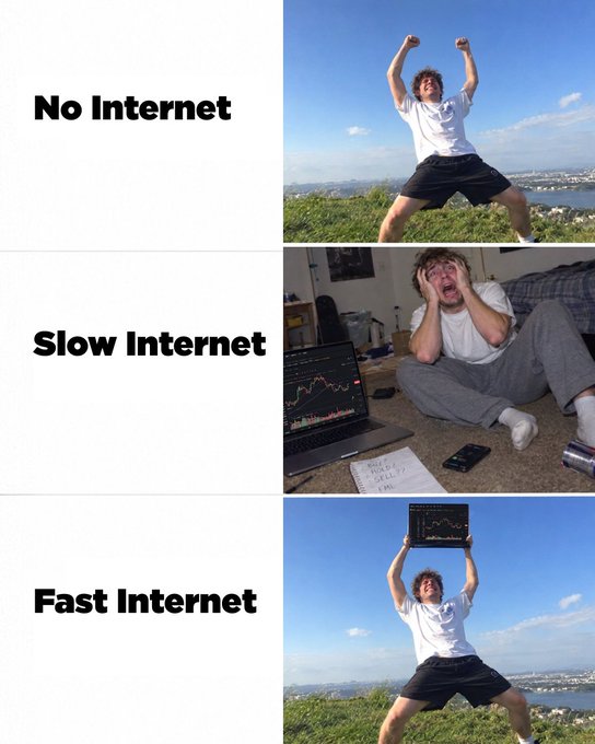A meme showing a guy jumping triumphantly for "No Internet" and "Fast Internet," but crying in distress at "Slow Internet." This captures the relatable experience of how a sluggish internet connection feels like an absolute disaster, while having none at all or a great one leads to celebration—making slow speeds the worst of both worlds.