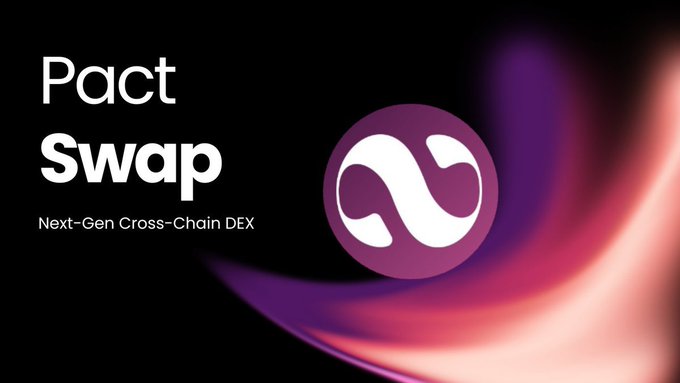 A promotional graphic for 'Pact Swap' displays the logo and the tagline 'Next-Gen Cross-Chain DEX' against a black background with purple and pink flowing light effects.