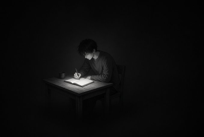 A moody black-and-white illustration of a young man with dark hair sitting at a wooden desk in a dark room, writing in a notebook under a single light source.
