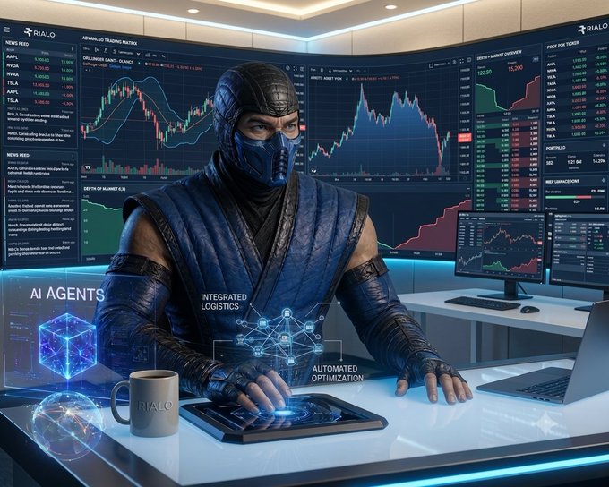 A masked figure sits at a glowing desk surrounded by curved monitors displaying charts, ticker symbols, and data feeds, with holographic overlays labeled "AI AGENTS," "INTEGRATED LOGISTICS," and "AUTOMATED OPTIMIZATION" alongside a "RIALO" mug. The image visually reinforces the post's message by portraying RialoHQ's AI infrastructure as a focused, behind-the-scenes engine of quiet, relentless innovation—much like the solitary weekend progress described in the caption.